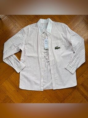 Lacoste White Button-Up Shirt with Pink Stripes